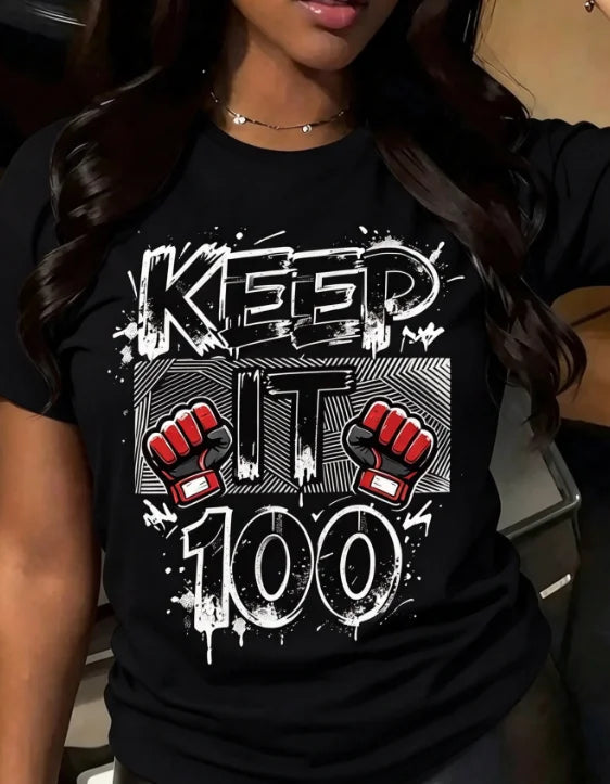 Women Crew Neck Short Sleeve T-Shirt Keep It 100 Graphic Bold Black Boxing Text Print Casual Everyday Basic Tops
