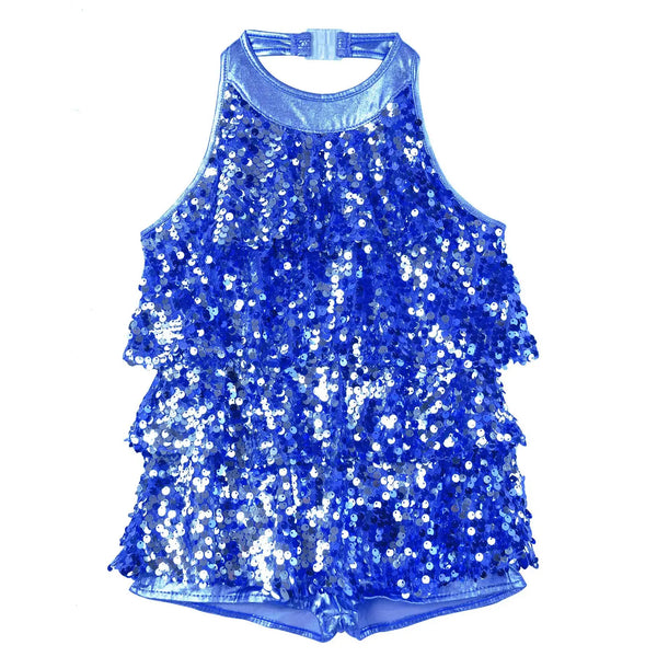 Shiny Sequins Kids Girls Halter Ballet Dance Stage Performance Dress Shorty Unitard Dress Modern Jazz Latin Dancing Costumes