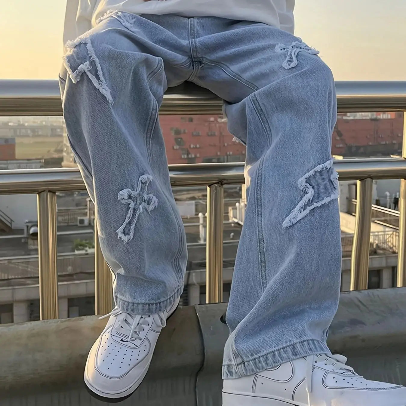 Men's jeans patch lightning jeans men's loose jeans worn-out jeans