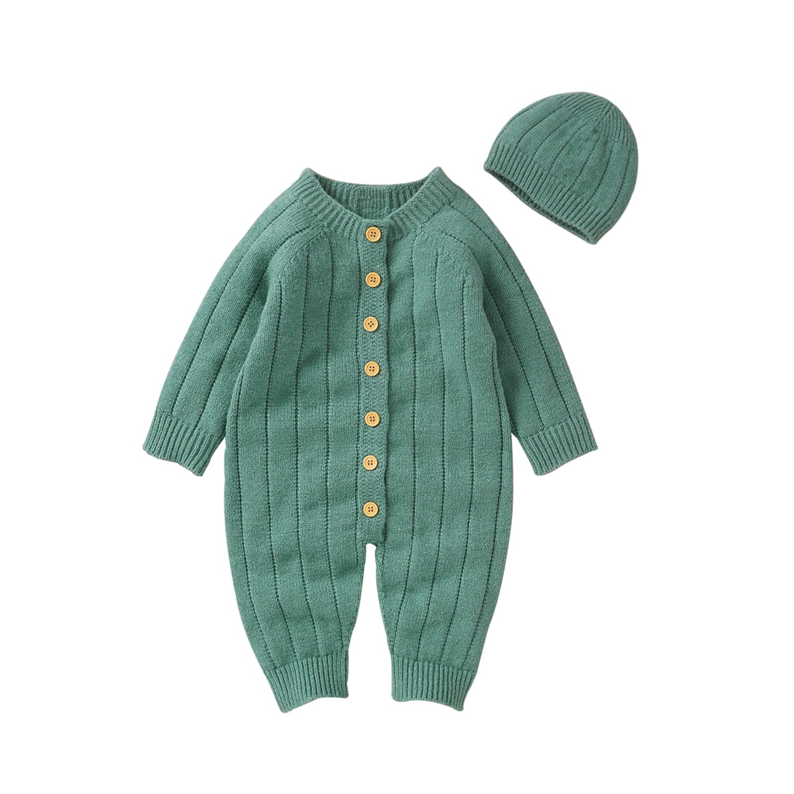 2022-06-29 Lioraitiin Infant Winter Jumpsuit and Cap, Solid Color Long Sleeve Single-breasted Knitted Romper, 0-18 Months