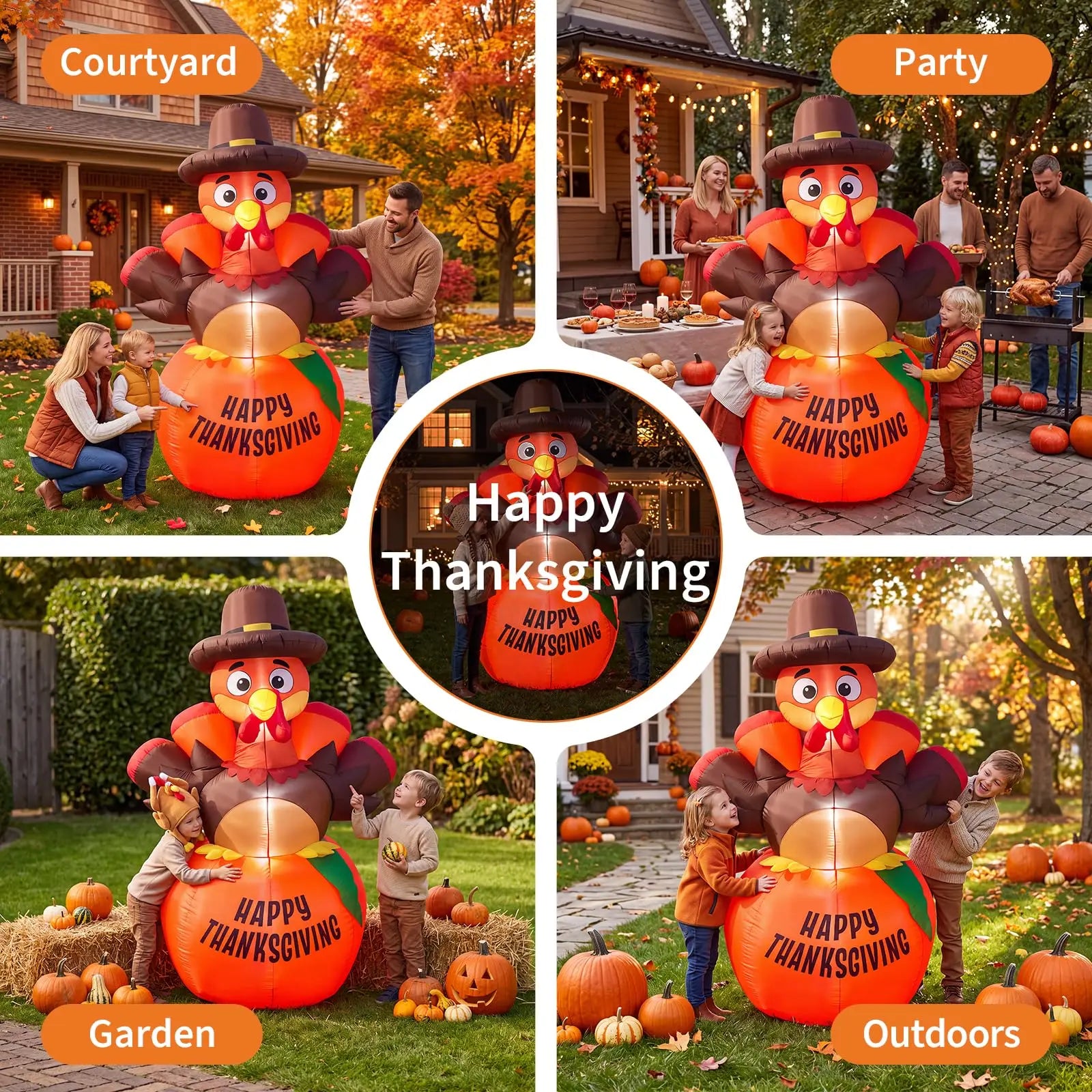 6ft Thanksgiving Inflatable Pumpkin Turkey With 7 Led Lights, Blow Up Outdoor Yard Lawn Garden Porch Party Indoor Decor Toy Display