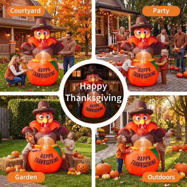 6ft Thanksgiving Inflatable Pumpkin Turkey With 7 Led Lights, Blow Up Outdoor Yard Lawn Garden Porch Party Indoor Decor Toy Display