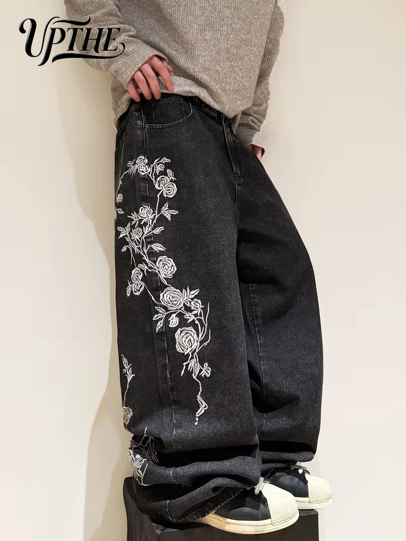 UPTHE Men's Rose Embroidered Baggy Wide Leg Jeans, Vintage Black Wash Loose Denim Pants, Y2K Streetwear Oversized Casual Trousers
