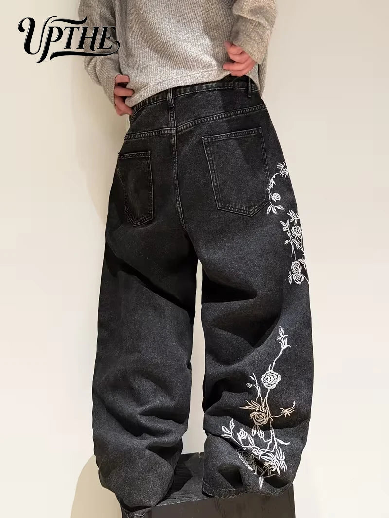 UPTHE Men's Rose Embroidered Baggy Wide Leg Jeans, Vintage Black Wash Loose Denim Pants, Y2K Streetwear Oversized Casual Trousers