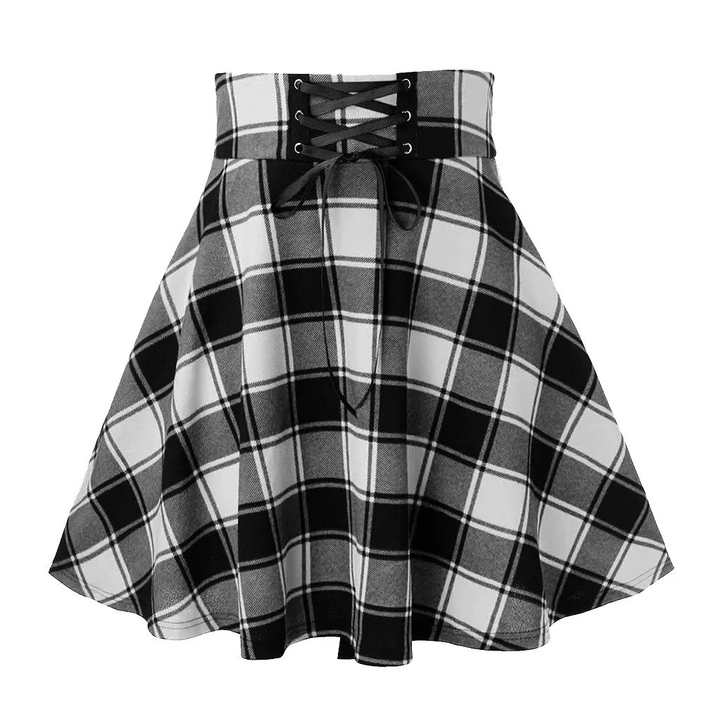 Women Plaid Skirts Spring Autumn High Waist Bandage Short Skirts Casual Daily Female Skirt School Style Bodycon Mini Skirt