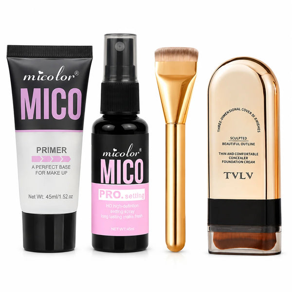4‑in‑1 Makeup Artist Base Makeup Bundle, Hydrating Primer Gel, HD Setting Spray, Full‑Coverage Foundation Stick with Premium Foundation Brush, Long‑Lasting Matte Finish for Daily Makeup