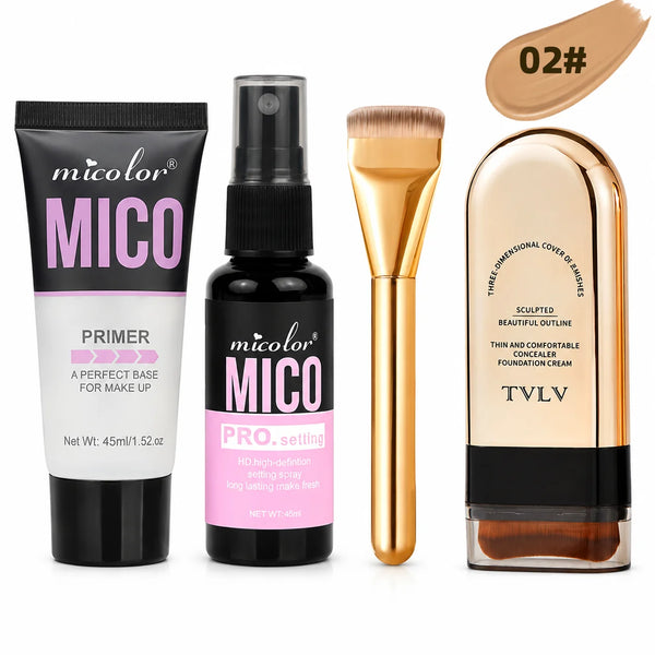 4‑in‑1 Makeup Artist Base Makeup Bundle, Hydrating Primer Gel, HD Setting Spray, Full‑Coverage Foundation Stick with Premium Foundation Brush, Long‑Lasting Matte Finish for Daily Makeup