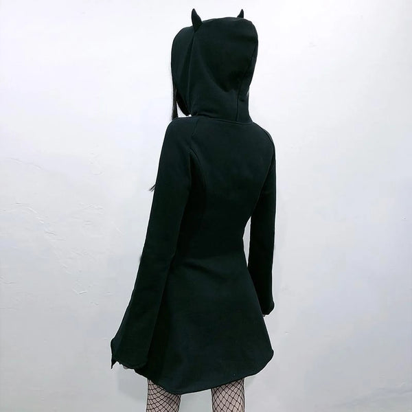 Women's Black Sweatshirt Slim Fit Zippered Cute Cat Ears Design Hoodies Gothic Hip Hop Vintage Plus Size Hooded Dress 5XL