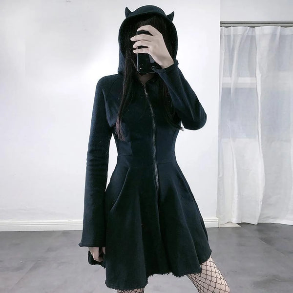 Women's Black Sweatshirt Slim Fit Zippered Cute Cat Ears Design Hoodies Gothic Hip Hop Vintage Plus Size Hooded Dress 5XL