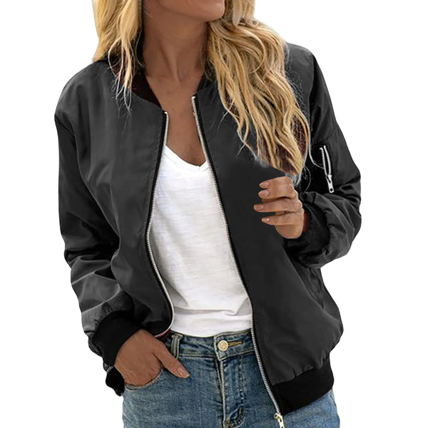 Women's Solid Color Cool Girl Jackets Round Neck Zipper Vintage Bomber Jacket Autumn Casual Female Bomber Jacket Chic Outerwear
