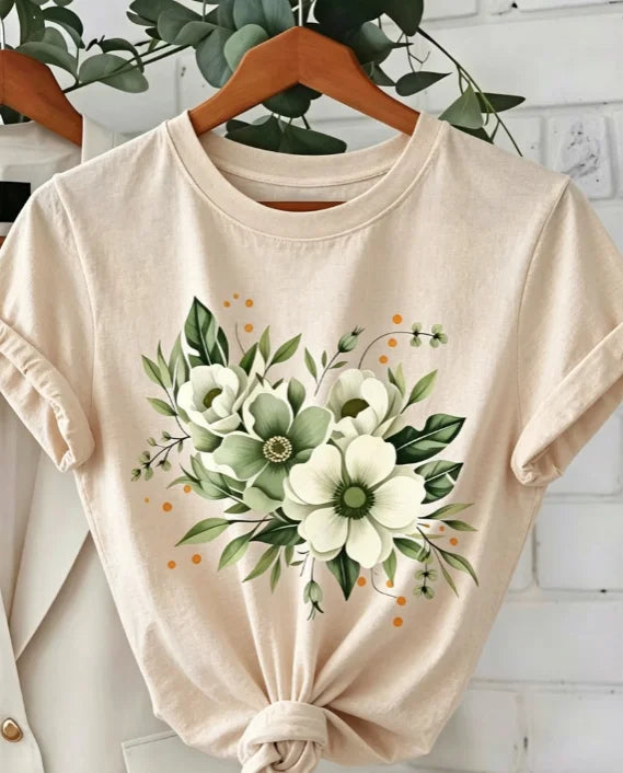 White‑Flower Green‑Leaf Floral Graphic Print Unisex Crew Neck Short‑Sleeve Pure‑Cotton Spring‑Summer Mother's‑Day Casual Everyday Wear Tee