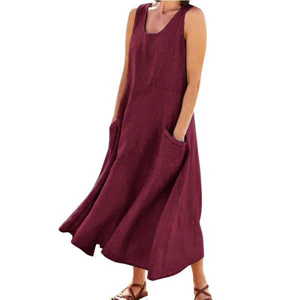 Vintage Cotton Linen Long Dresses for Women Summer Solid Color Sleeveless Boho Maxi Dress Pocket Loose Tank Dress Plus Size 5XL