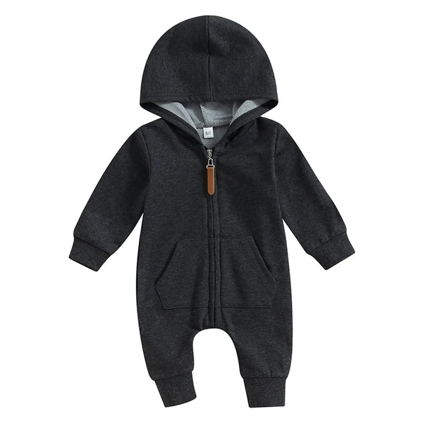 2023-07-19 Lioraitiin 0-12M Newborn Baby Boys Girls Fall Jumpsuits Long Sleeve Solid Zip Up Hooded Rompers Newborn Outfit