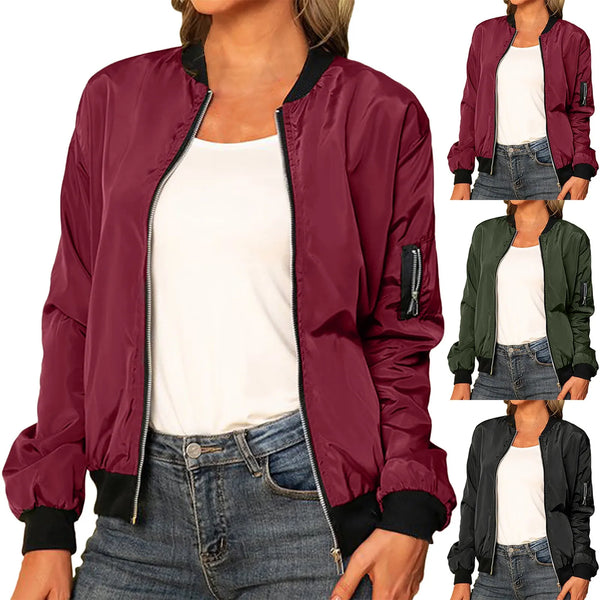 Women's Solid Color Cool Girl Jackets Round Neck Zipper Vintage Bomber Jacket Autumn Casual Female Bomber Jacket Chic Outerwear