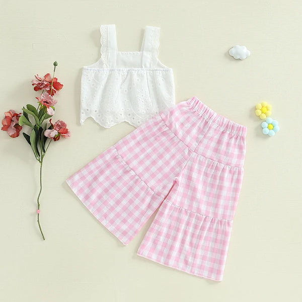 2024-12-02 Lioraitiin Toddler Girl Summer Clothes Eyelet Embroidery Cami Tops+Elastic Waist Plaid Print Wide Leg Pants 2Pcs Set