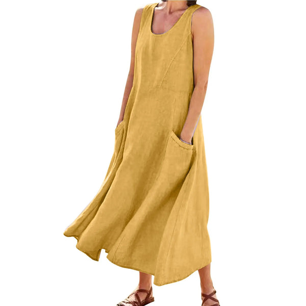 Vintage Cotton Linen Long Dresses for Women Summer Solid Color Sleeveless Boho Maxi Dress Pocket Loose Tank Dress Plus Size 5XL