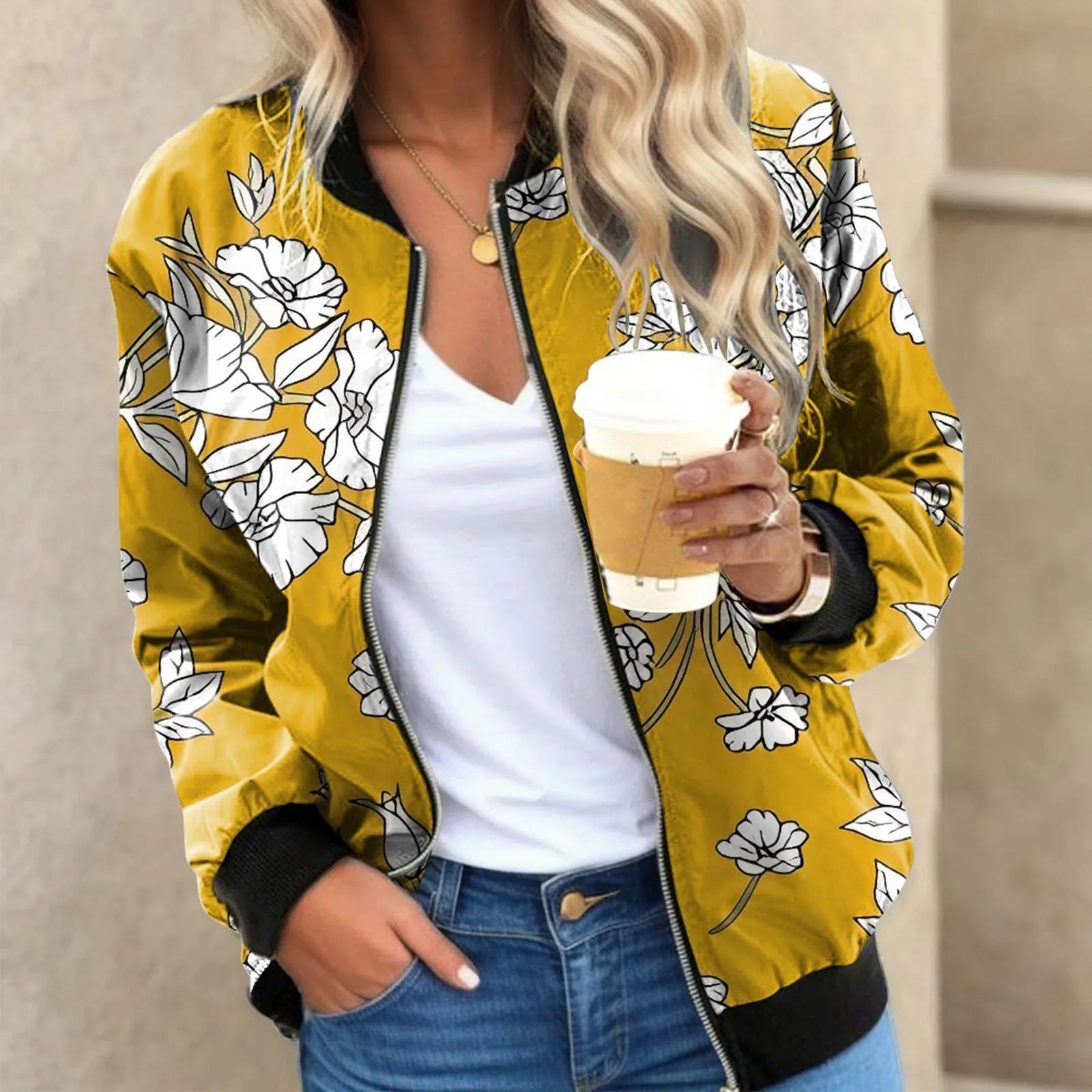 Women Floral Bomber Jacket Coats Vintage Long Sleeve Zip Up Jackets Autumn Casual Stand Collar Short Coat Female Outerwear Tops