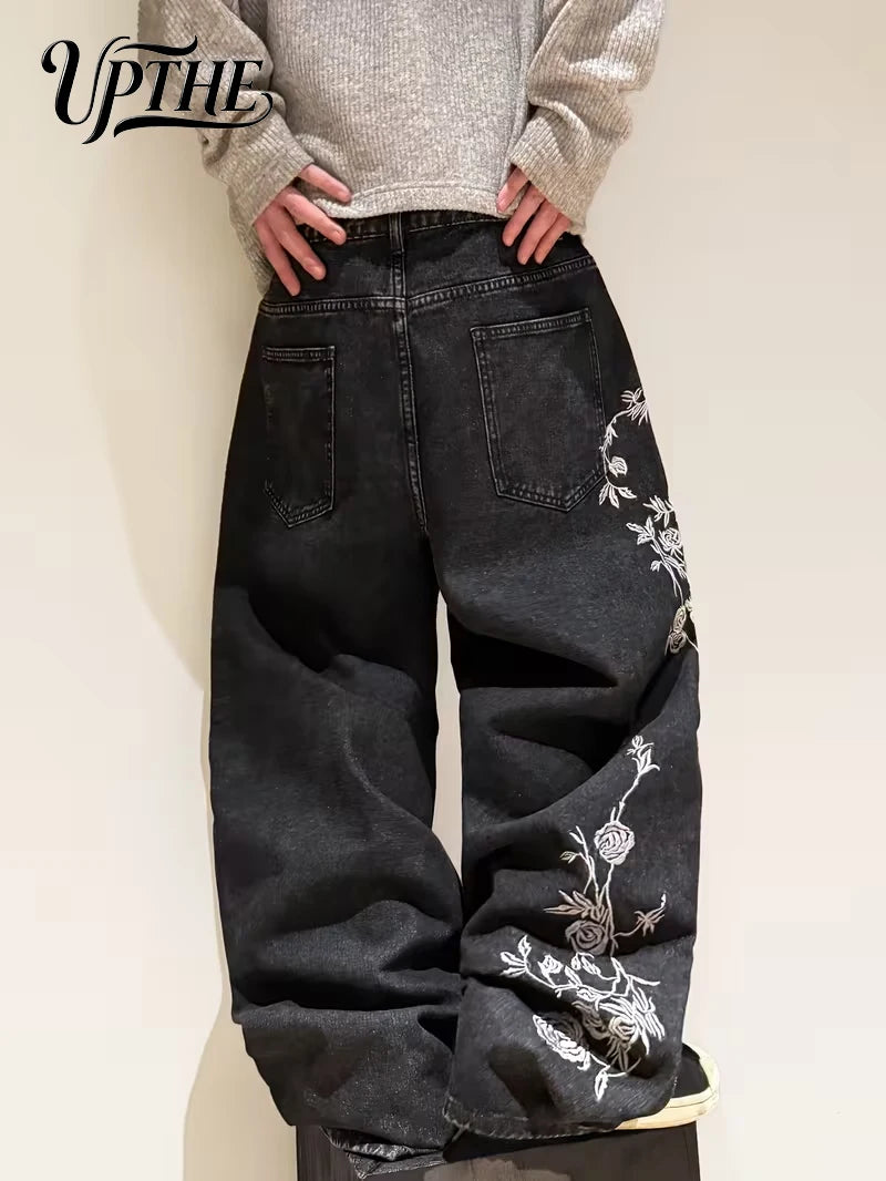 UPTHE Men's Rose Embroidered Baggy Wide Leg Jeans, Vintage Black Wash Loose Denim Pants, Y2K Streetwear Oversized Casual Trousers