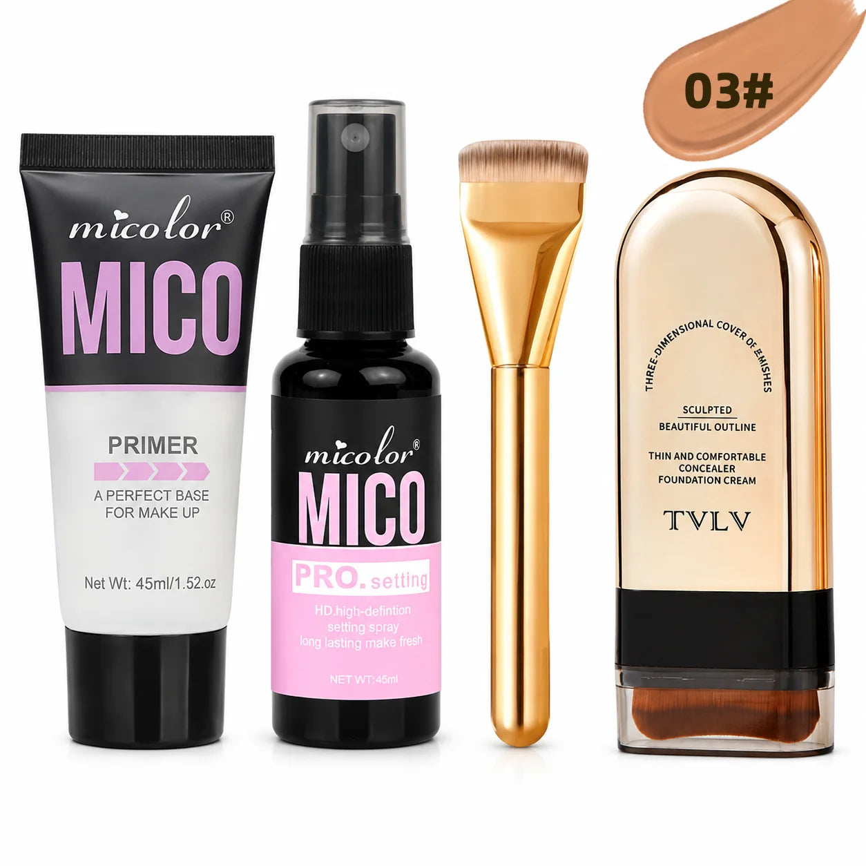 4‑in‑1 Makeup Artist Base Makeup Bundle, Hydrating Primer Gel, HD Setting Spray, Full‑Coverage Foundation Stick with Premium Foundation Brush, Long‑Lasting Matte Finish for Daily Makeup