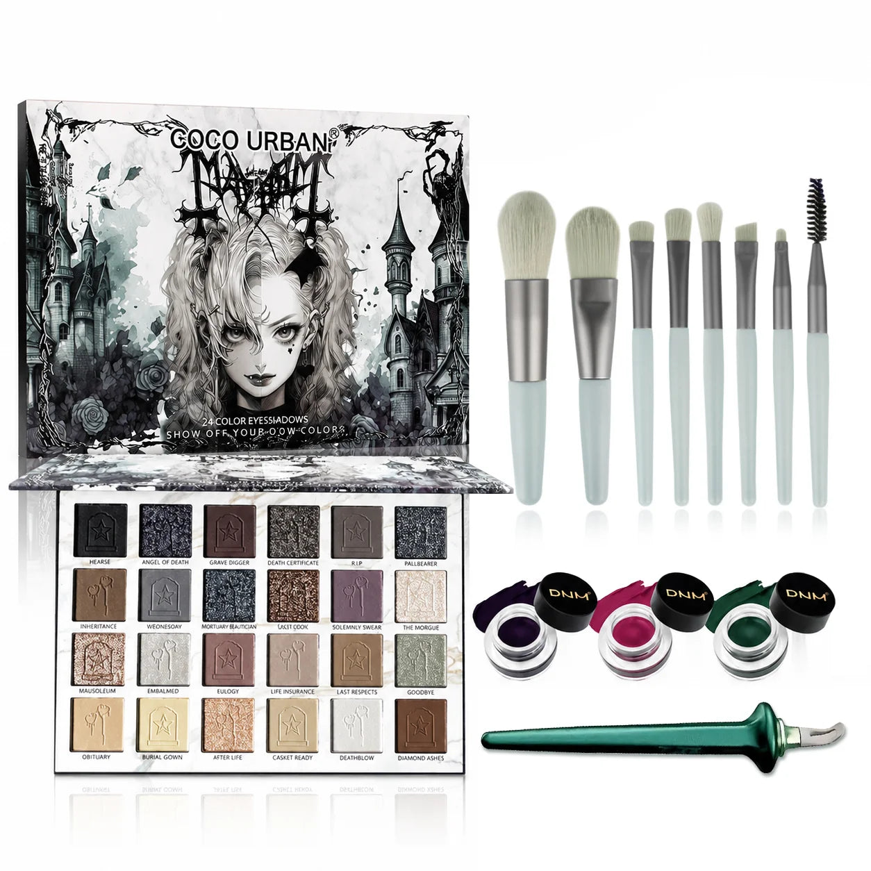 All In One Dark Goth Eye Makeup Set 24 Shades Matte Glitter Eyeshadow Palette with 3 Cream Gel Liners & 8pcs Eye Brush Kit Grunge Halloween Cosmetic Kit