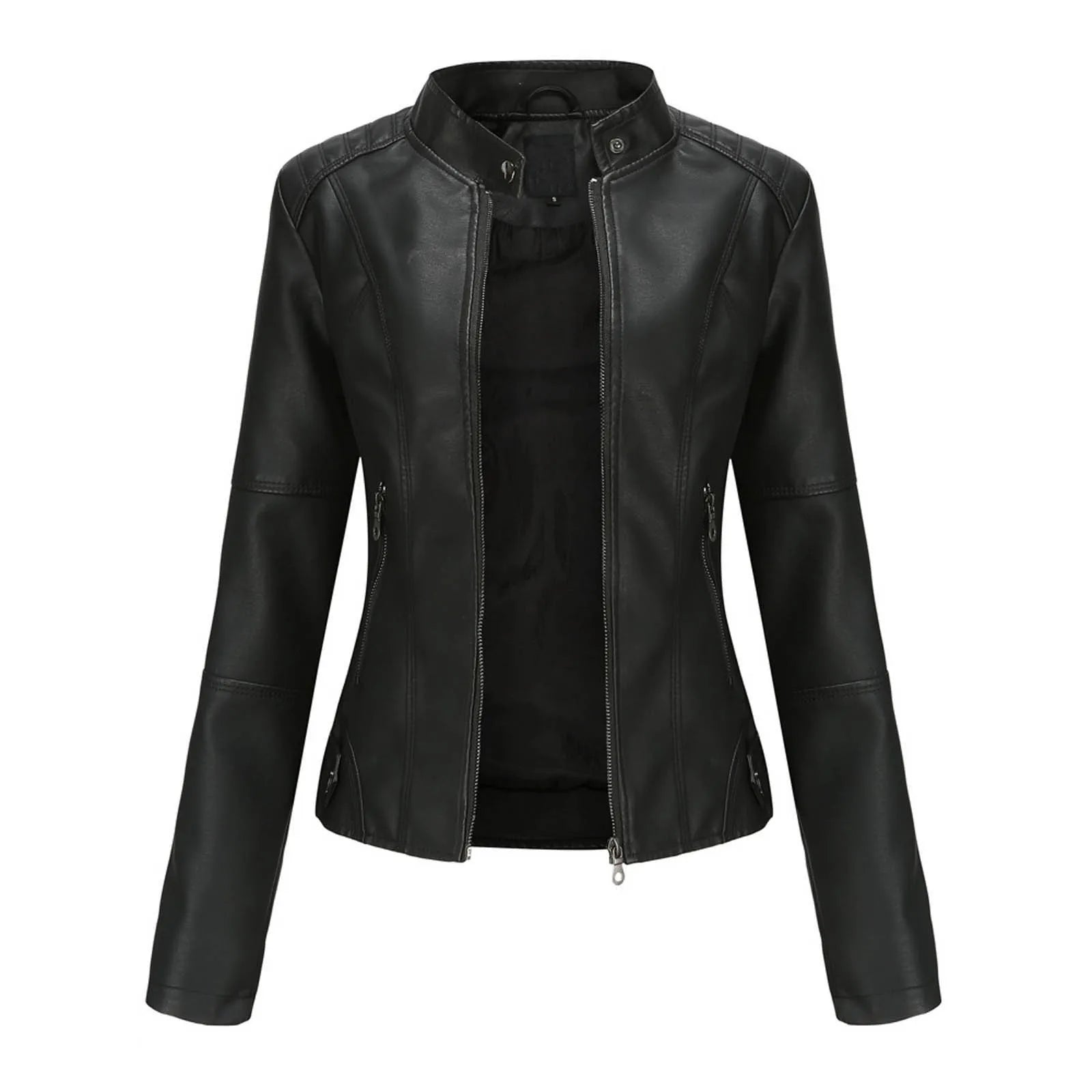 Women's Solid Color Pu Leather Jackets Slim Fit Zipper Leather Bomber Coat Turtleneck Women's Motorcycle Leather Jackets куртка