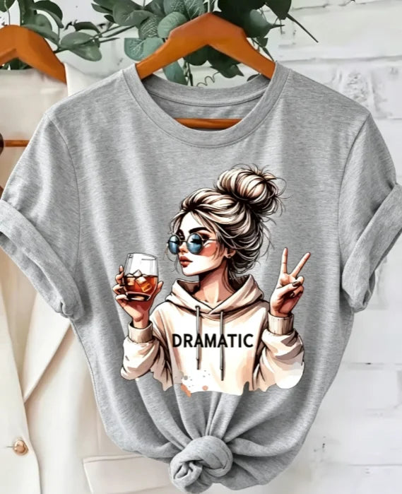 DRAMATIC 1pc Women' S Fashion Print Round Neck Short Sleeve T Shirt Casual and Comfortable for Daily Wear Trendy Print Combine