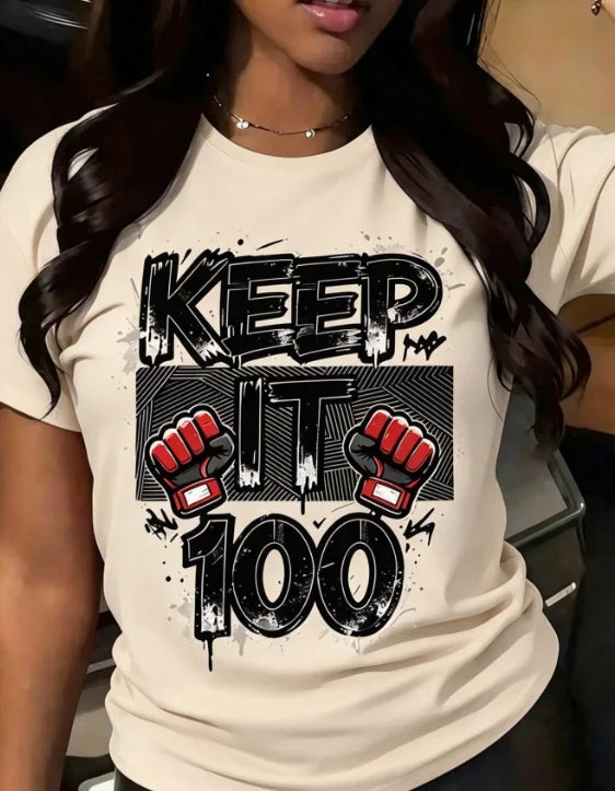 Women Crew Neck Short Sleeve T-Shirt Keep It 100 Graphic Bold Black Boxing Text Print Casual Everyday Basic Tops