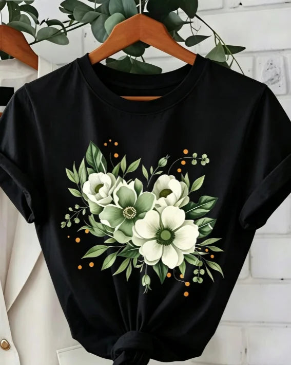 White‑Flower Green‑Leaf Floral Graphic Print Unisex Crew Neck Short‑Sleeve Pure‑Cotton Spring‑Summer Mother's‑Day Casual Everyday Wear Tee