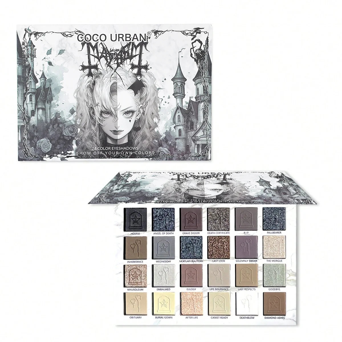 All In One Dark Goth Eye Makeup Set 24 Shades Matte Glitter Eyeshadow Palette with 3 Cream Gel Liners & 8pcs Eye Brush Kit Grunge Halloween Cosmetic Kit