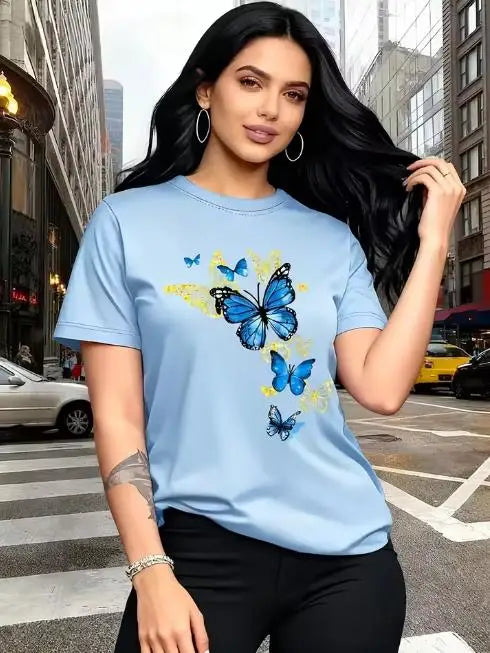 New T-shirt with Butterfly Pattern Print Round Neck Golden Element Design Exquisite and Gorgeous Breathable and Lightweight