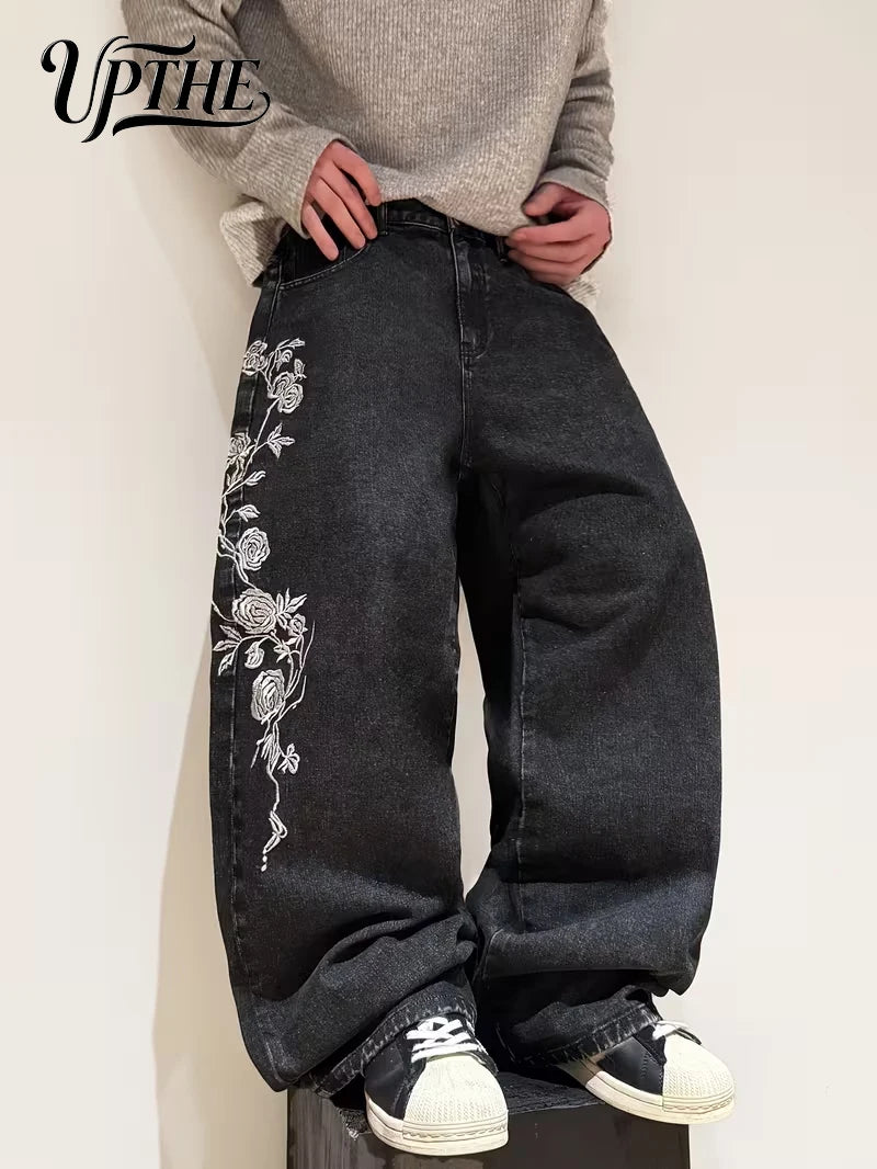 UPTHE Men's Rose Embroidered Baggy Wide Leg Jeans, Vintage Black Wash Loose Denim Pants, Y2K Streetwear Oversized Casual Trousers