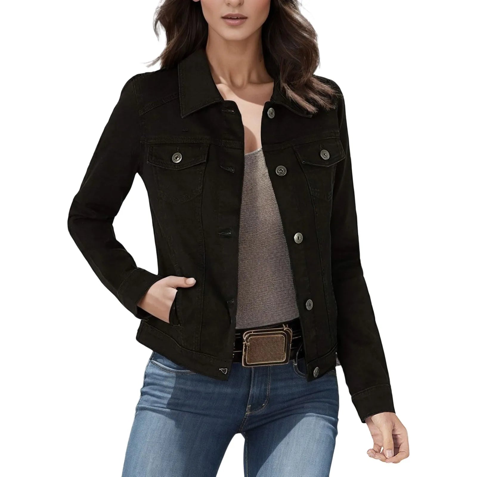 Women's Autumn Winter Thin Denim Jackets Turn Down Neck Long Sleeve Solid Color Jean Jackets Button Down Pockets Slim Crop Top