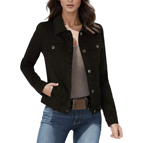 Women's Autumn Winter Thin Denim Jackets Turn Down Neck Long Sleeve Solid Color Jean Jackets Button Down Pockets Slim Crop Top