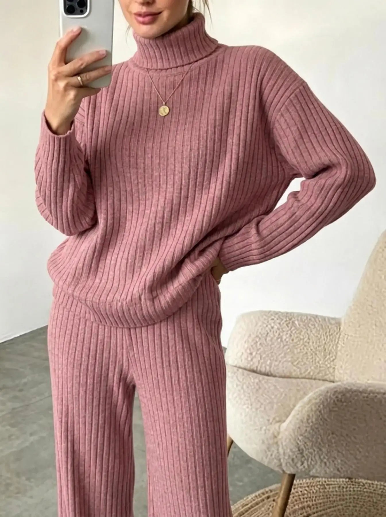 Women Turtleneck Knit 2 Piece Outfit Ribbed Long Sleeve Sweater Tops Wide Leg Pants Set Casual Loose Loungewear Tracksuit Daily Homewear