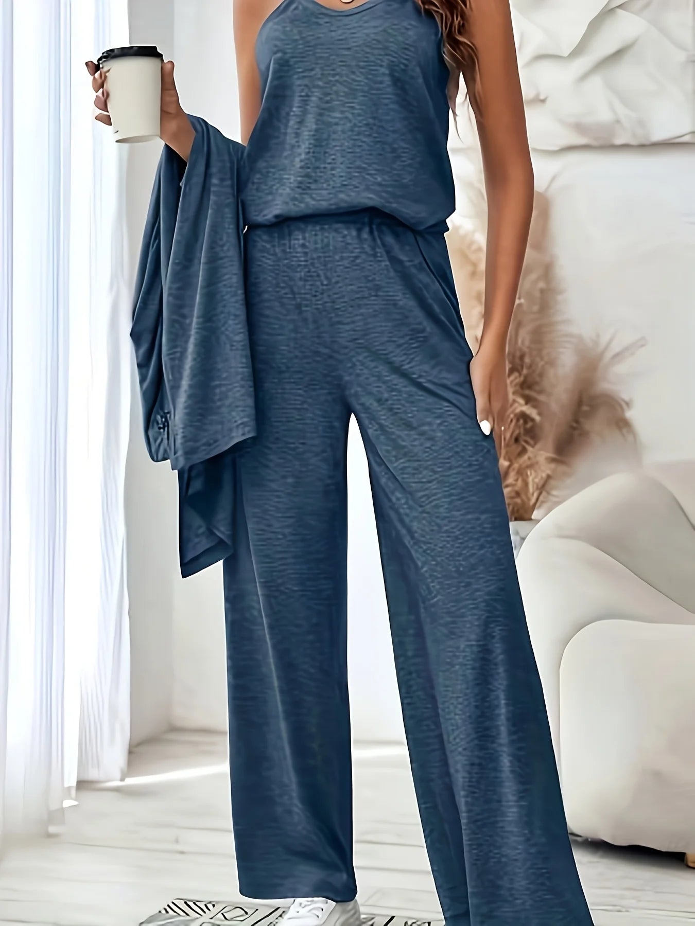Plus Size Women 3 Piece Outfit Set, Long Sleeve Open Front Cardigan + Tank Top + Wide Leg Pants Loungewear