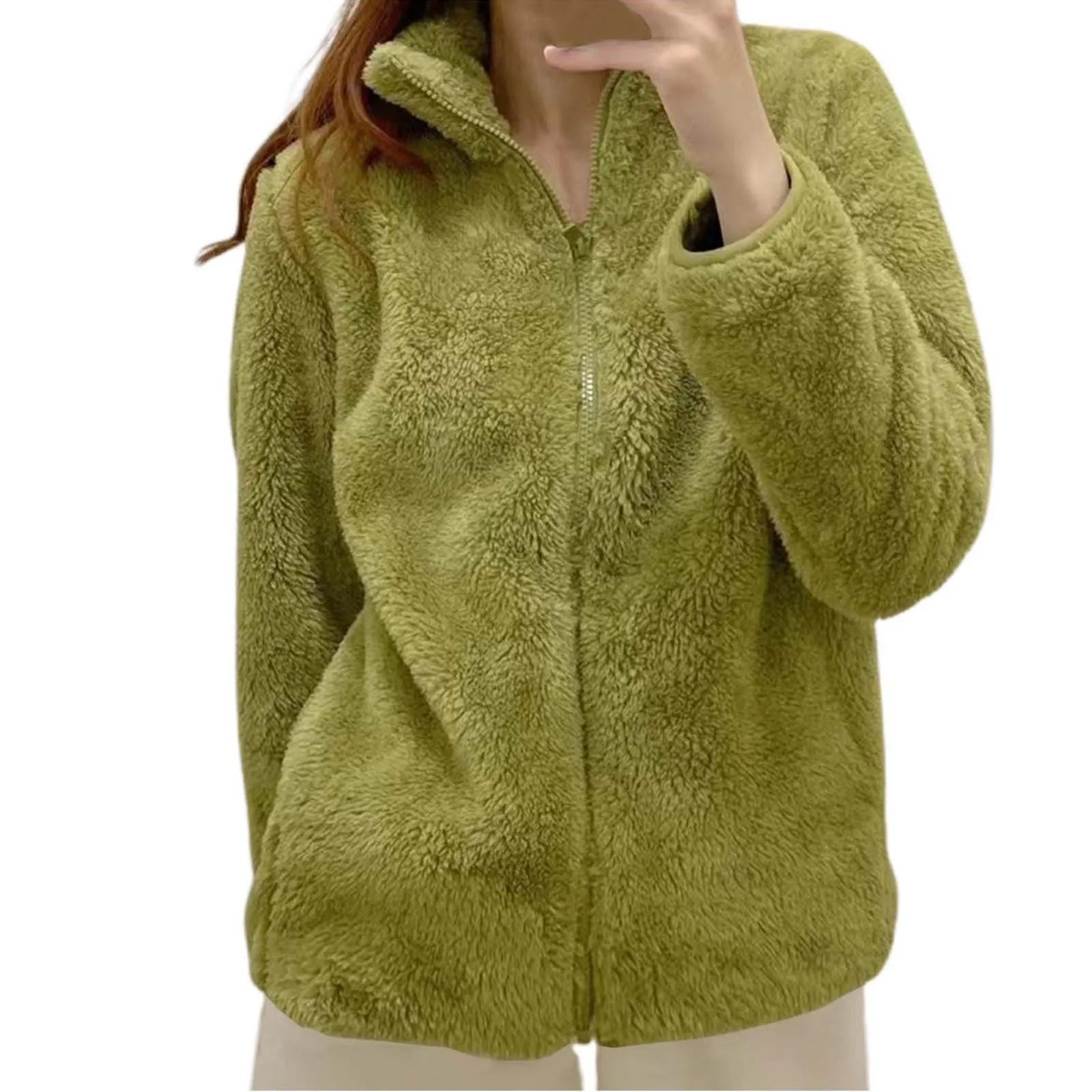Women Casual Zip Up Fleece Jacket Solid Color Long Plush Polar Warm Zipper Outwears Female Gils Lamb Wool Jackets With Pockets