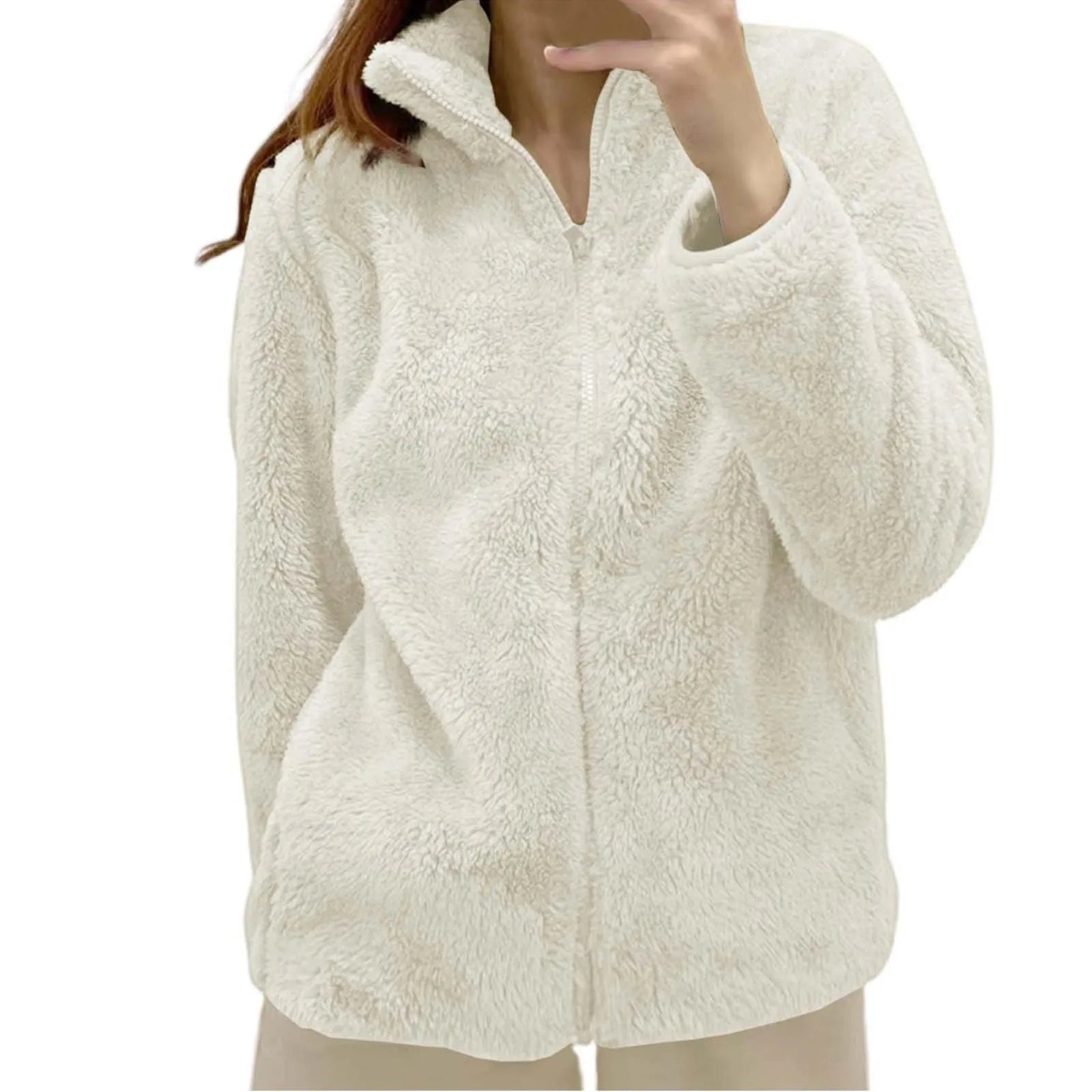 Women Casual Zip Up Fleece Jacket Solid Color Long Plush Polar Warm Zipper Outwears Female Gils Lamb Wool Jackets With Pockets