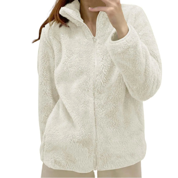 Women Casual Zip Up Fleece Jacket Solid Color Long Plush Polar Warm Zipper Outwears Female Gils Lamb Wool Jackets With Pockets