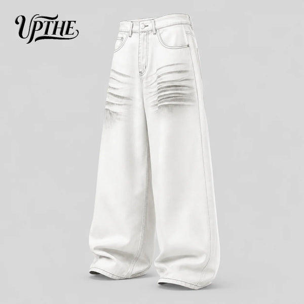 UP.THE Men White Gradient Washed Crinkle Baggy Wide Leg Jeans, Y2K Oversized Loose Distressed Denim Pants, Grunge Streetwear Trousers for Daily Outfits