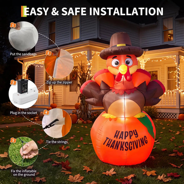6ft Thanksgiving Inflatable Pumpkin Turkey With 7 Led Lights, Blow Up Outdoor Yard Lawn Garden Porch Party Indoor Decor Toy Display