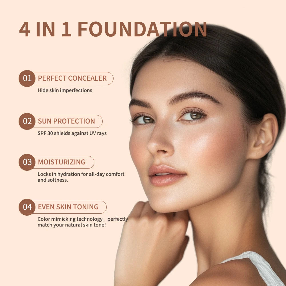 4 In 1 Foundation Long-wearing Moisturizing Waterproof Concealer Even Skin Tone SPF 30 Liquid Hydrating Full Coverage Concealer