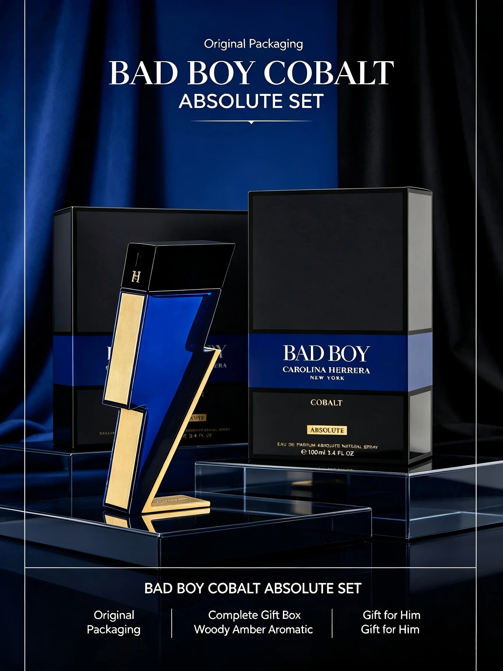 Carolina Herrera Bad Boy Cobalt Absolute EDP for Men, 3.4fl oz/100ml, 1 Bottle, Woody Amber Aromatic Long Lasting Men's Cologne, Birthday Gift for Him, Fall, Halloween, Thanksgiving, Black Friday, Christmas, New Year Holiday
