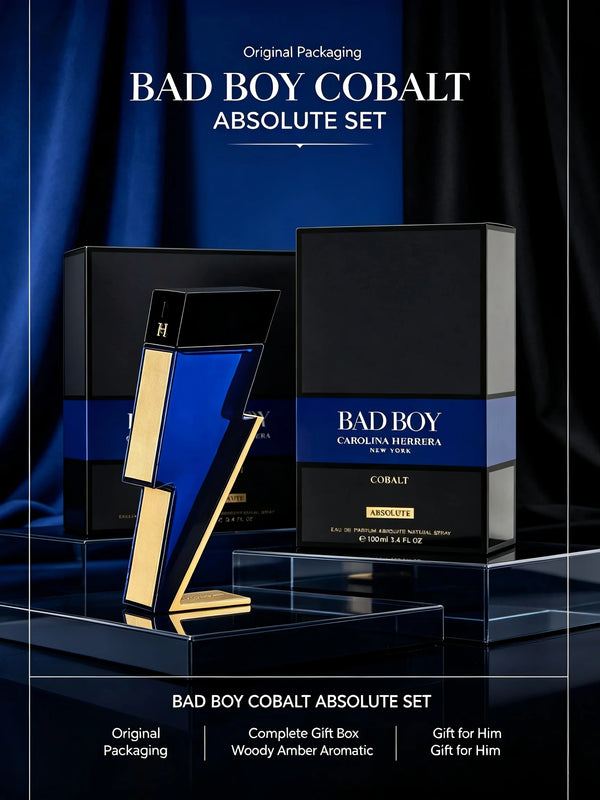 Carolina Herrera Bad Boy Cobalt Absolute EDP for Men, 3.4fl oz/100ml, 1 Bottle, Woody Amber Aromatic Long Lasting Men's Cologne, Birthday Gift for Him, Fall, Halloween, Thanksgiving, Black Friday, Christmas, New Year Holiday