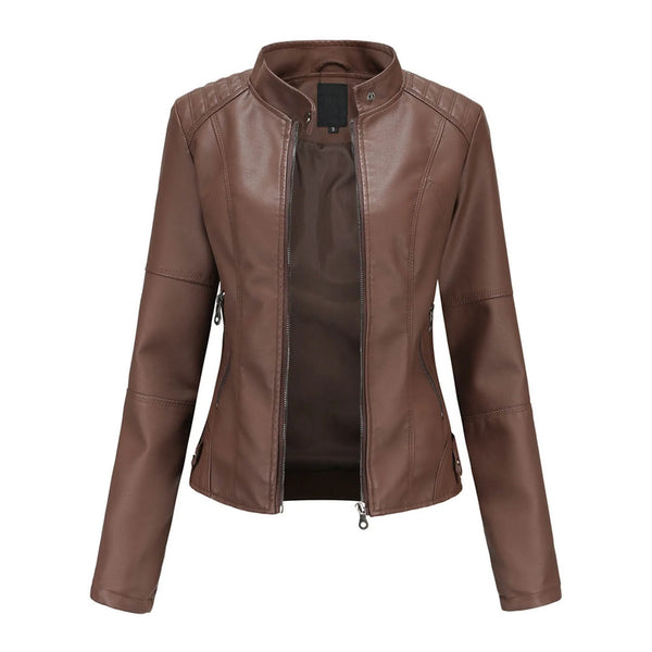 Women's Solid Color Pu Leather Jackets Slim Fit Zipper Leather Bomber Coat Turtleneck Women's Motorcycle Leather Jackets куртка