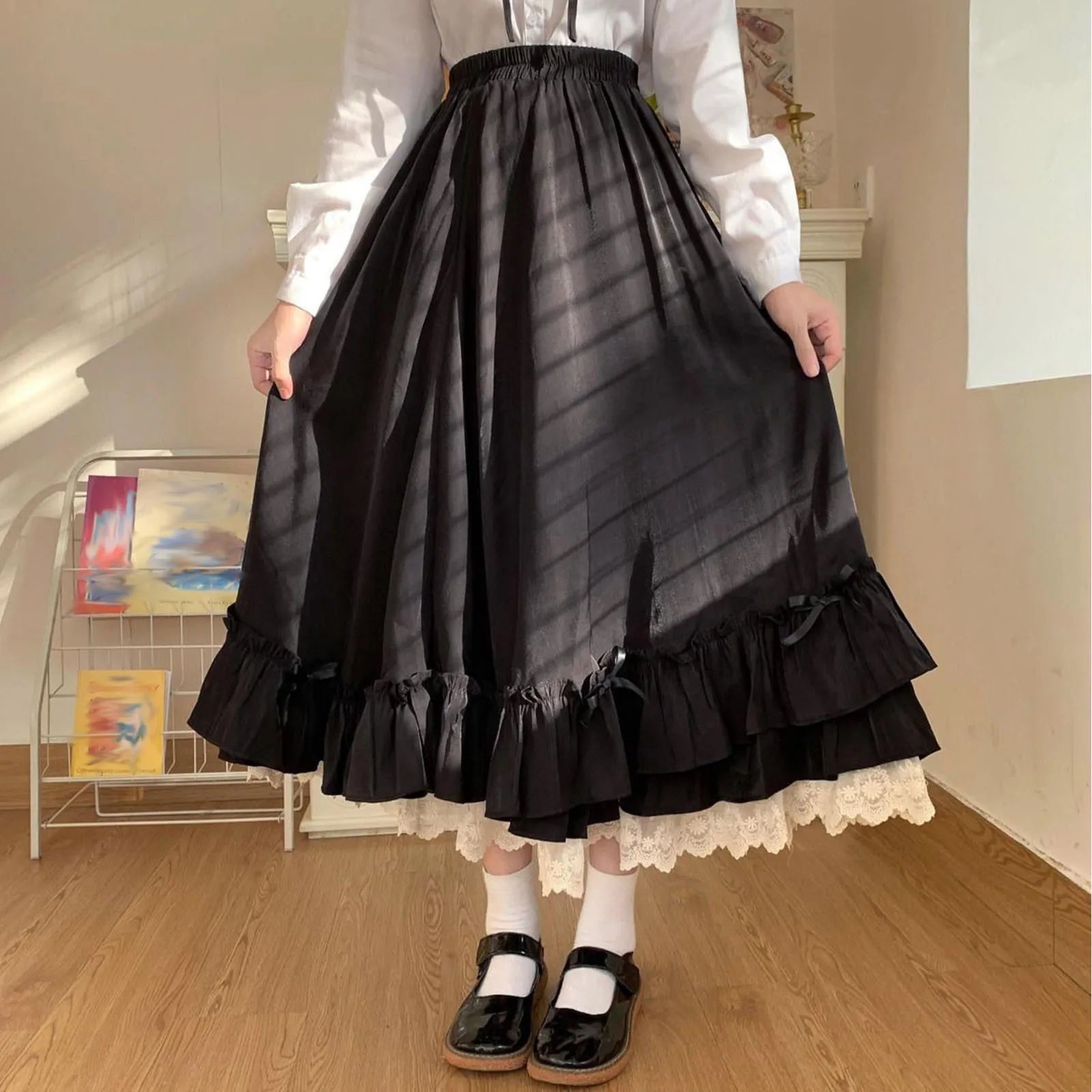 Women'S Solid Color Design Fashionable Japanese Girl Fairy Lace Half Length Skirt Black And White Maid Princess Skirt Fairy Y2k