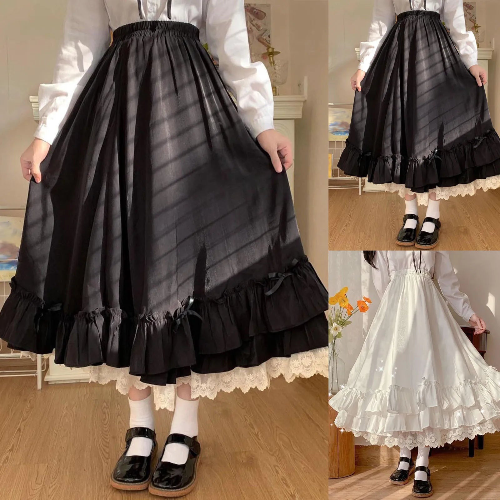 Women'S Solid Color Design Fashionable Japanese Girl Fairy Lace Half Length Skirt Black And White Maid Princess Skirt Fairy Y2k