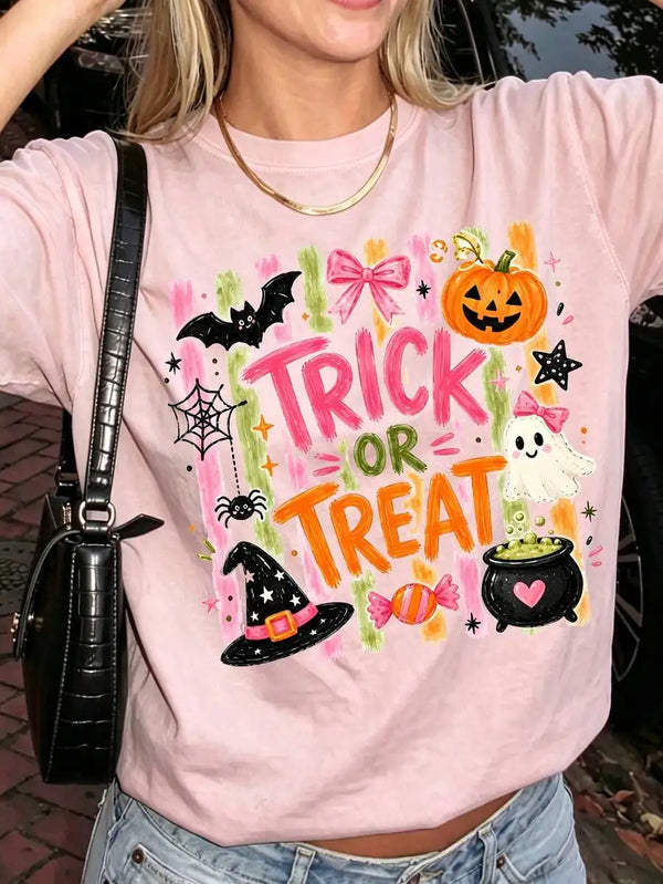 Women's Retro Pink Trick Or Treat Print Coquette Aesthetic Varsity Style Halloween Fall Casual Short Sleeve Crew Neck Graphic T‑Shirt Tee Top