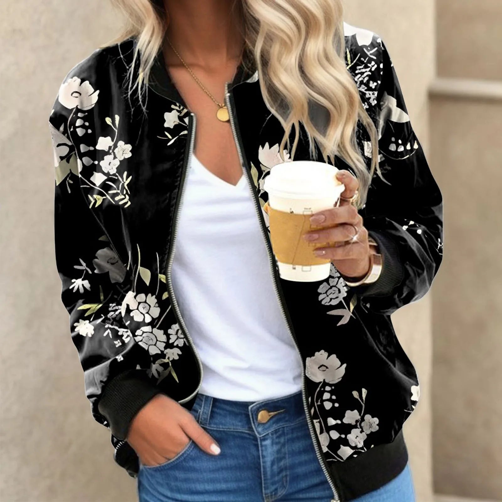 Women Floral Bomber Jacket Coats Vintage Long Sleeve Zip Up Jackets Autumn Casual Stand Collar Short Coat Female Outerwear Tops