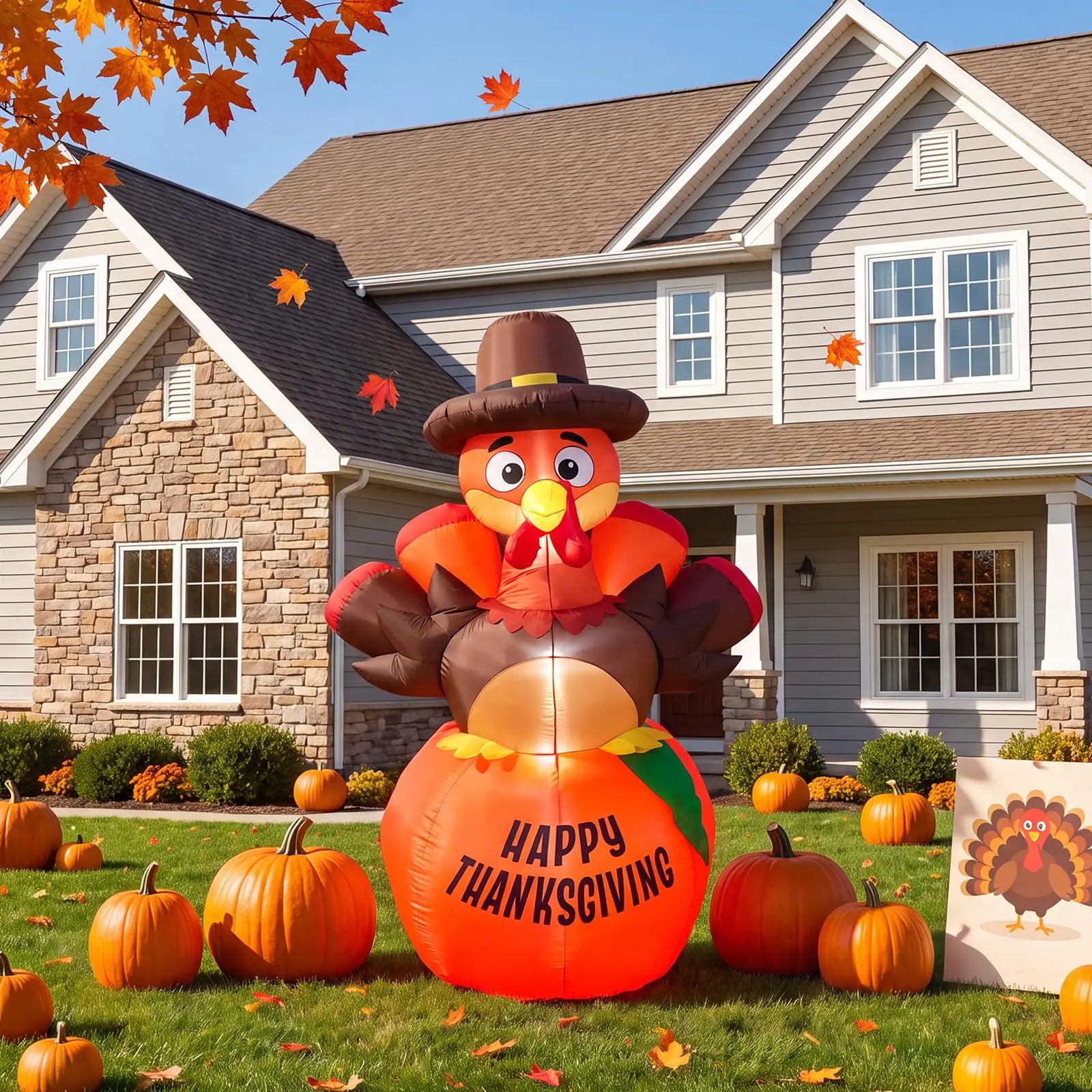 6ft Thanksgiving Inflatable Pumpkin Turkey With 7 Led Lights, Blow Up Outdoor Yard Lawn Garden Porch Party Indoor Decor Toy Display