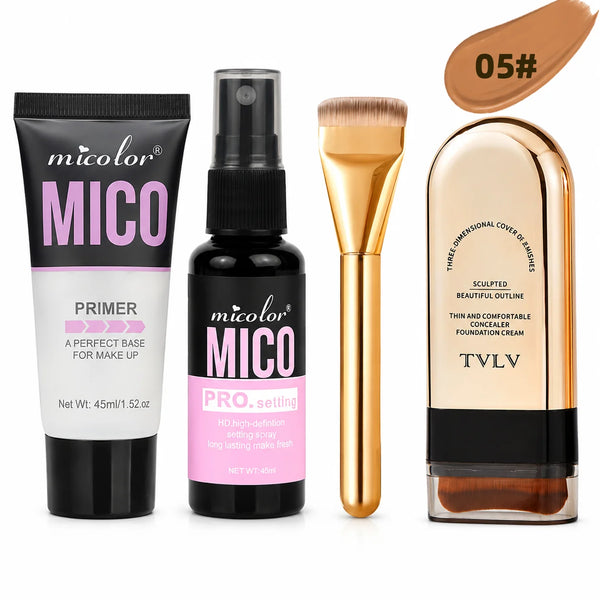 4‑in‑1 Makeup Artist Base Makeup Bundle, Hydrating Primer Gel, HD Setting Spray, Full‑Coverage Foundation Stick with Premium Foundation Brush, Long‑Lasting Matte Finish for Daily Makeup